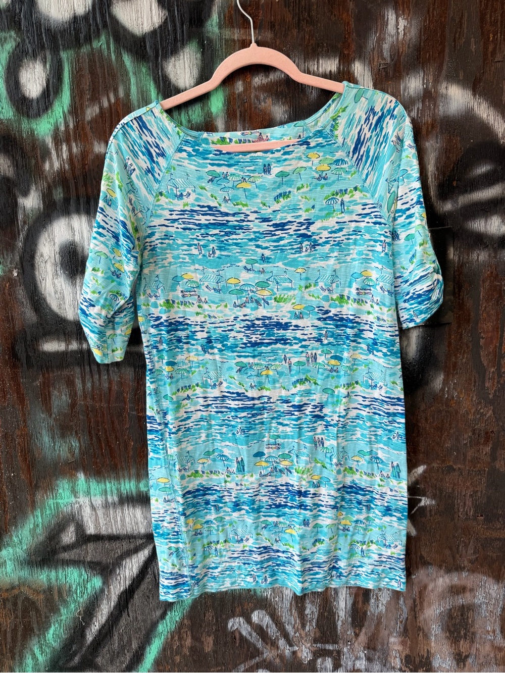 Lilly Pulitzer Aqua Beach-Print Short Sleeve Casual Comfy Dress XSmall
